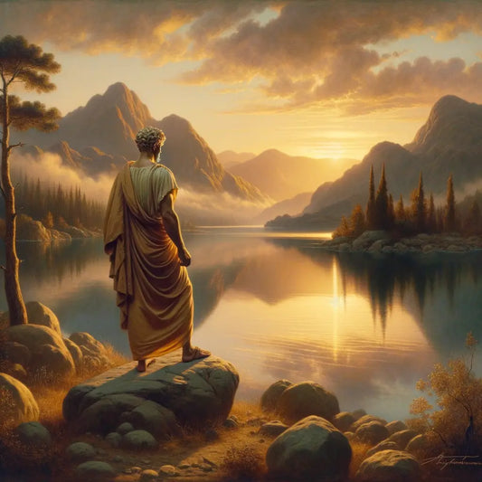 A lone philosopher in a toga stands by a tranquil mountain lake, reflecting the early morning sky, evoking serenity and introspection in the style of 1960s historical films.