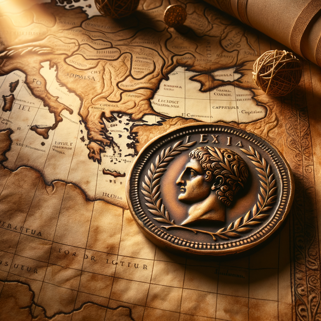 Intricate ancient Roman coin with detailed engravings set against a historical map of the Roman Empire, capturing a sense of rich history and the journey of coin collecting, inspired by 1960s historical epic films.