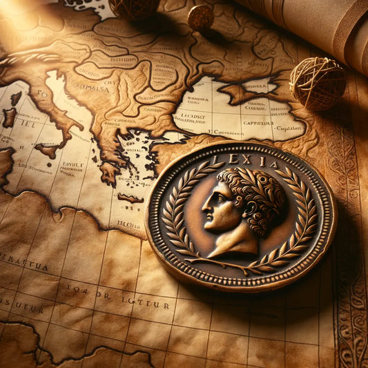 Intricate ancient Roman coin with detailed engravings set against a historical map of the Roman Empire, capturing a sense of rich history and the journey of coin collecting, inspired by 1960s historical epic films.