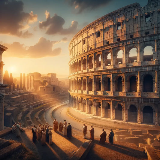Majestic view of the Colosseum in Rome under sunset, highlighting ancient arches in a 1960s historical film style.