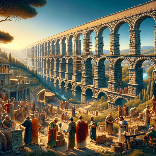 The Aqueduct of Valens in a cinematic style, with Roman figures engaged in construction and engineering tasks, against the backdrop of ancient Byzantium, resembling 1960s historical films.