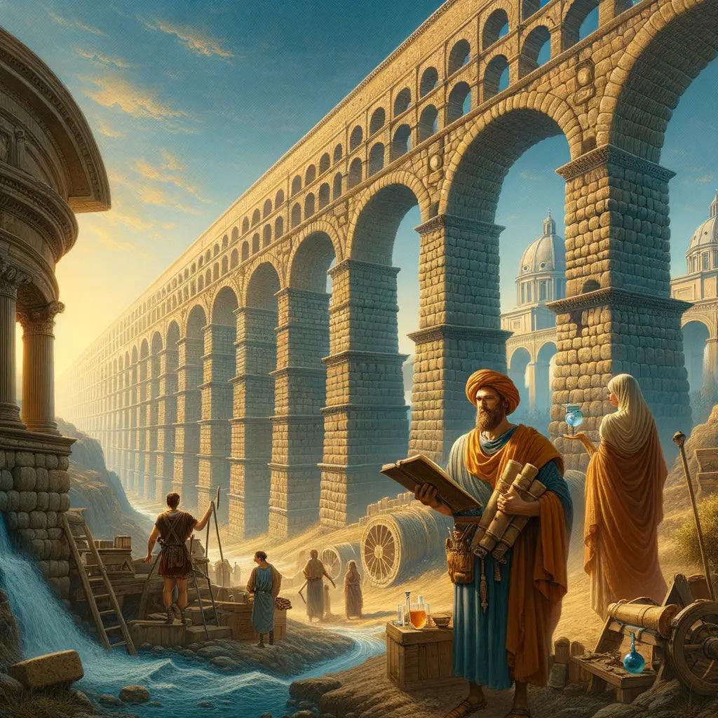 Roman architectural elements including an arch, dome, and aqueduct illuminated by golden sunlight, reflecting ancient engineering brilliance.