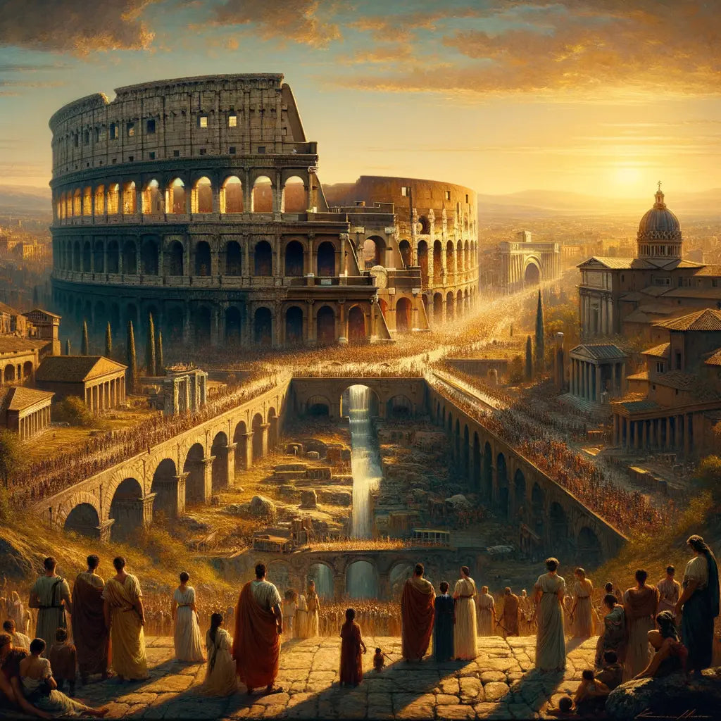 Panoramic view capturing the Colosseum, Pantheon dome, and aqueduct, with Roman figures, inspired by 1960s historical epics.