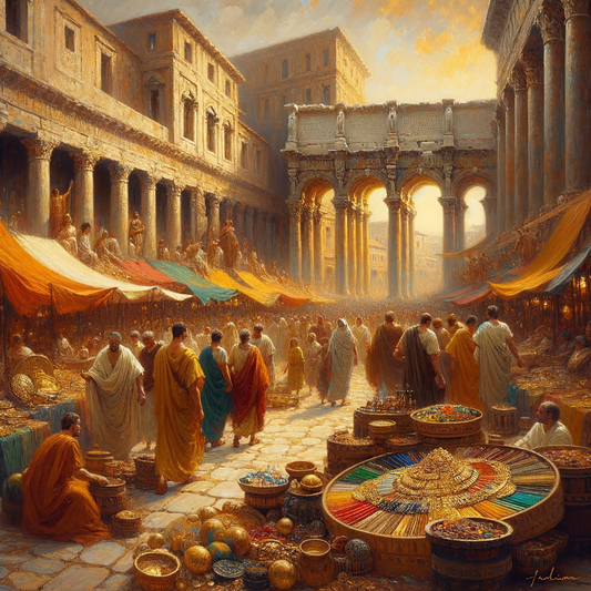 Scene of a lively Roman market street with stalls and Romans in togas, featuring a gold necklace, inspired by classic historical films of the 1960s.