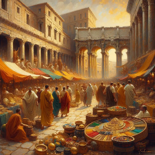 Scene of a lively Roman market street with stalls and Romans in togas, featuring a gold necklace, inspired by classic historical films of the 1960s.