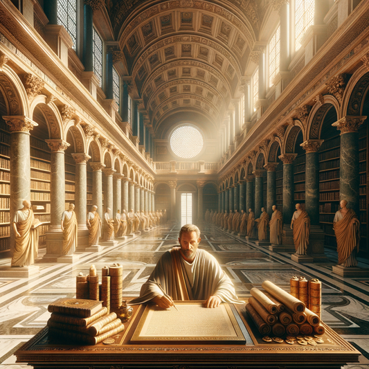 Serene scene of an ancient Roman library with Marcus Aurelius, surrounded by scrolls and scholars, in a style reminiscent of 1960s historical epics.