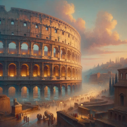 Colosseum at sunset, with a golden glow illuminating its structure, in the style of a 1960s historical epic film painting.
