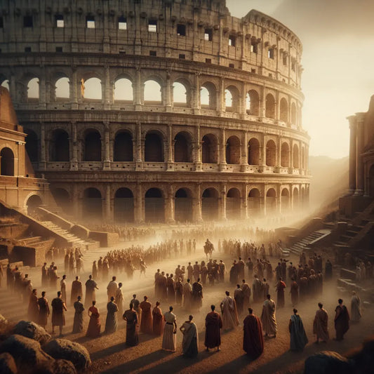 The Colosseum beautifully depicted in a grand, cinematic style, with its ancient architecture bathed in warm sunlight, evoking the ambiance of historical Rome.