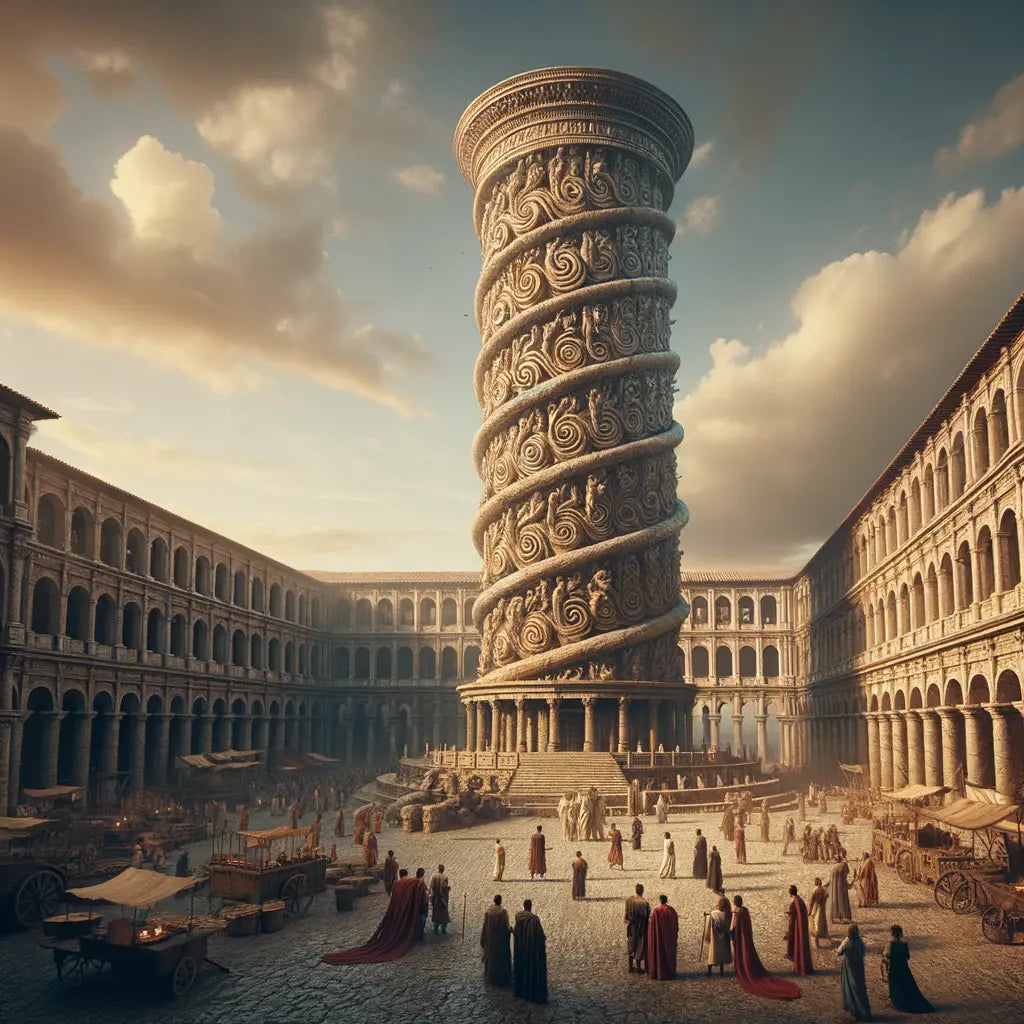 A towering Roman column with spiral reliefs in a bustling ancient Roman square, evoking the style of classic 1960s historical epics.