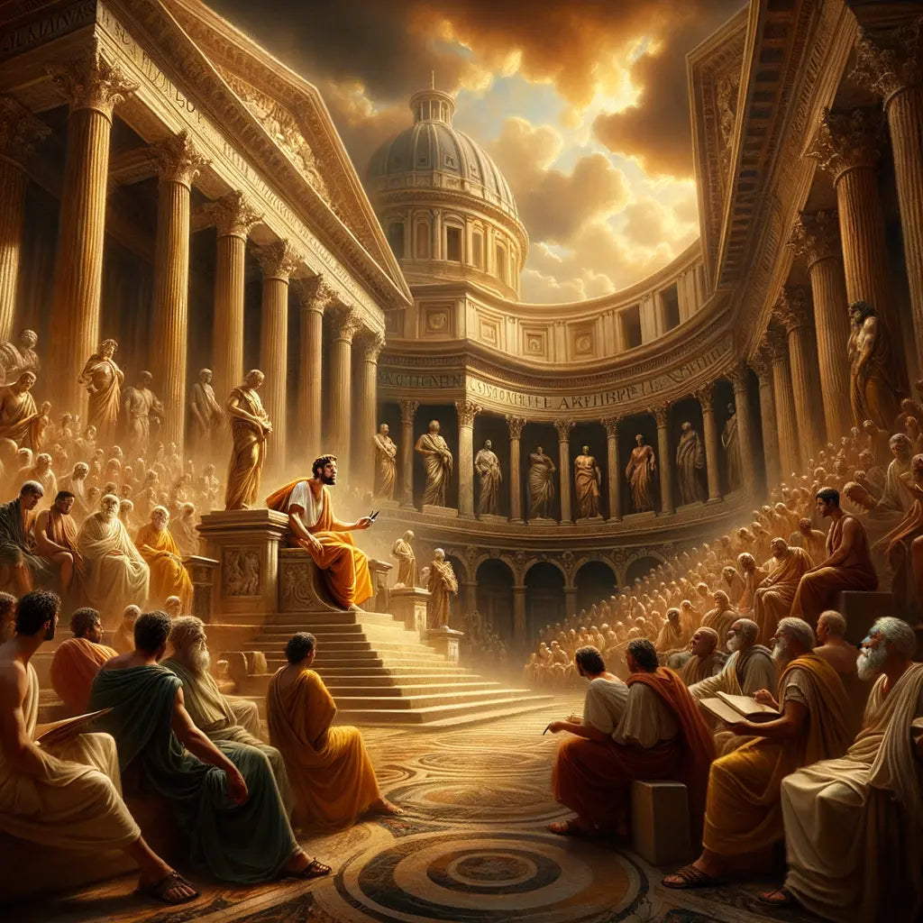 Musonius Rufus, the Stoic philosopher, engaging an audience in an ancient Roman setting, inspired by 1960s historical epic films.