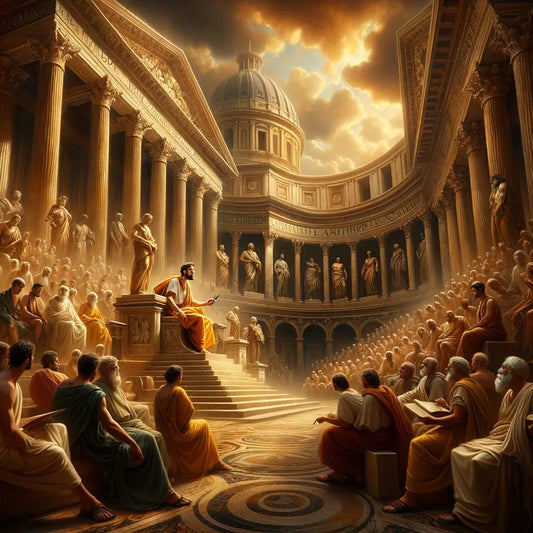 Musonius Rufus, the Stoic philosopher, engaging an audience in an ancient Roman setting, inspired by 1960s historical epic films.