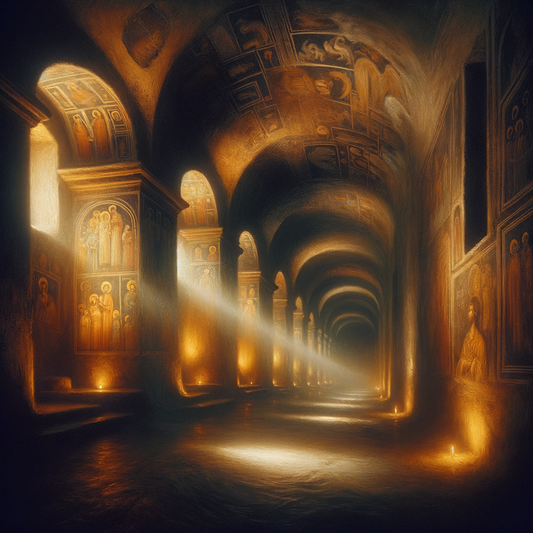 Ethereal view of ancient Roman catacombs with winding tunnels and faint light illuminating early Christian frescos.