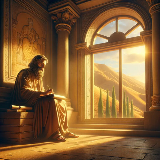 An ancient Roman philosopher writing in a tranquil room by a window, overlooking a serene landscape, inspired by the timeless wisdom of Seneca's letters, in the style of 1960s historical epics.