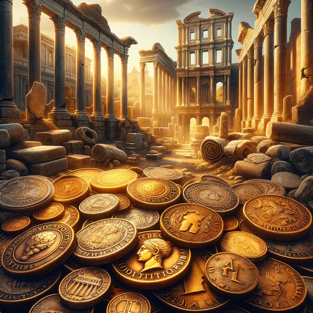 Ancient Roman coins displayed against Roman ruin backdrop, inspired by 1960s historical epics.