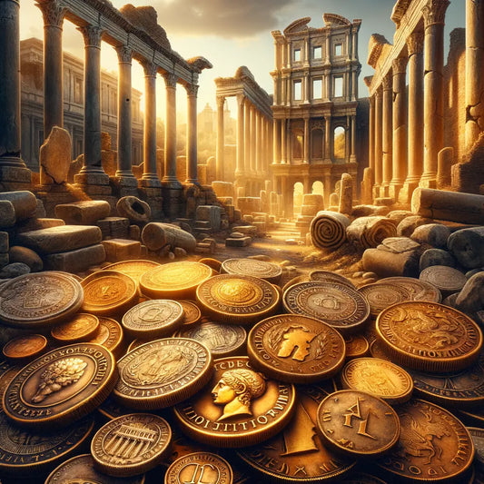 Ancient Roman coins displayed against Roman ruin backdrop, inspired by 1960s historical epics.