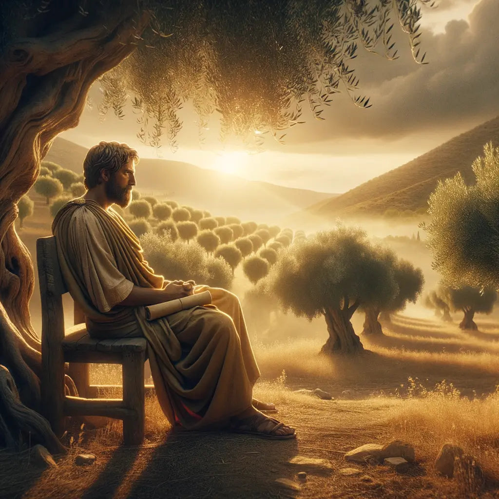 Epictetus, a Stoic philosopher, sits thoughtfully in a tranquil olive grove, capturing serene wisdom in an epic painting style reminiscent of 1960s historical films.