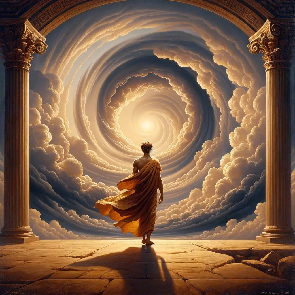 A serene figure in a toga stands in the calm eye of a storm, embodying Stoic peace amid swirling clouds, styled as a 1960s historical epic.