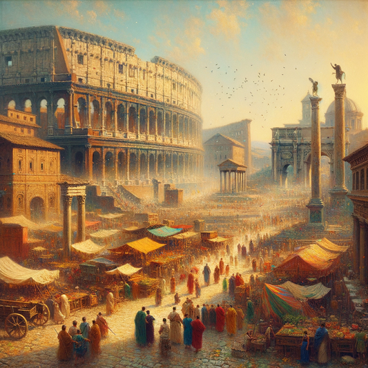 A cinematic scene of ancient Rome with the Roman Forum, Colosseum, and Pantheon, bustling with citizens in togas and soldiers in red cloaks, inspired by 1960s historical films.