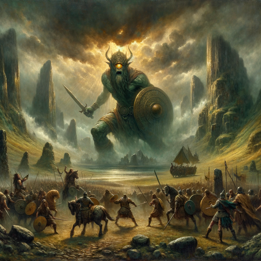 Balor of the Fomoire with his single eye, leading forces on an ancient Celtic battlefield, in a style inspired by 1960s historical epic films.