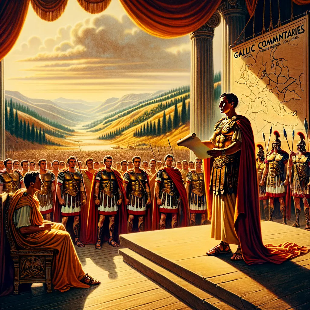 Julius Caesar presents his Gallic Commentaries as Roman soldiers march in Gaul, with a backdrop of a Roman Empire map, in a 1960s epic film style.