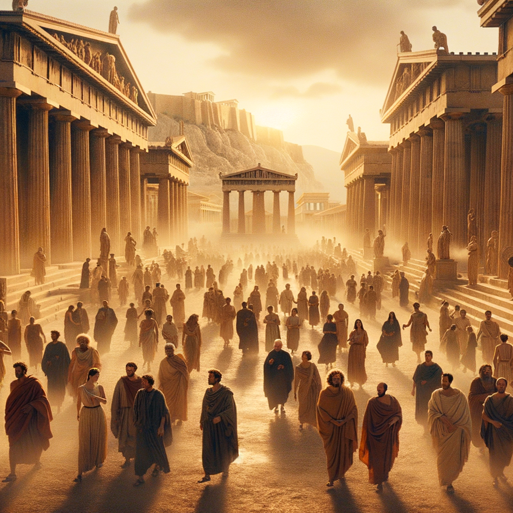 Philosophers in ancient Athens engaged in lively discussion on a bustling street, iconic Acropolis visible in background, painted in a cinematic style reminiscent of 1960s historical films.