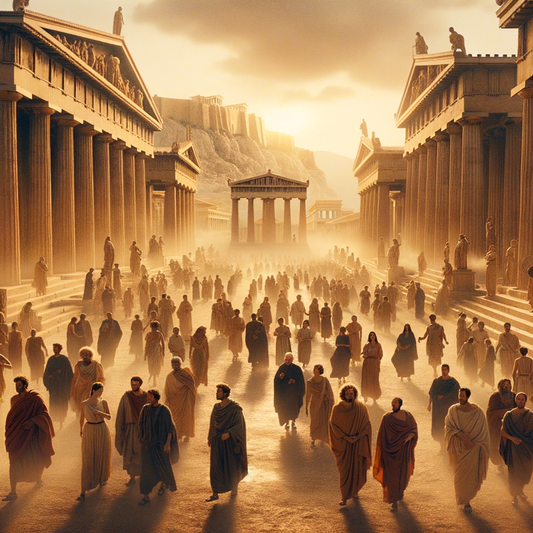 Philosophers in ancient Athens engaged in lively discussion on a bustling street, iconic Acropolis visible in background, painted in a cinematic style reminiscent of 1960s historical films.