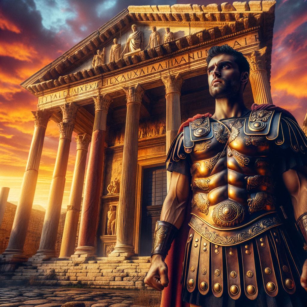 A Roman soldier in armor before an ancient temple during sunset.