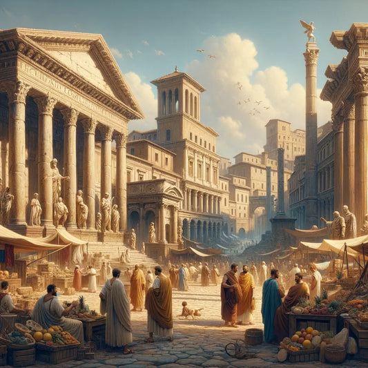 Ancient Roman forum bustling with philosophers, vendors, and gladiators under a grand architecture, inspired by 1960s historical films.