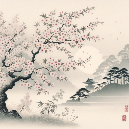 Eine minimalistische Szene von blühenden Kirschbäumen im Wind, die die vergängliche Schönheit der Natur in der japanischen Kultur widerspiegelt.