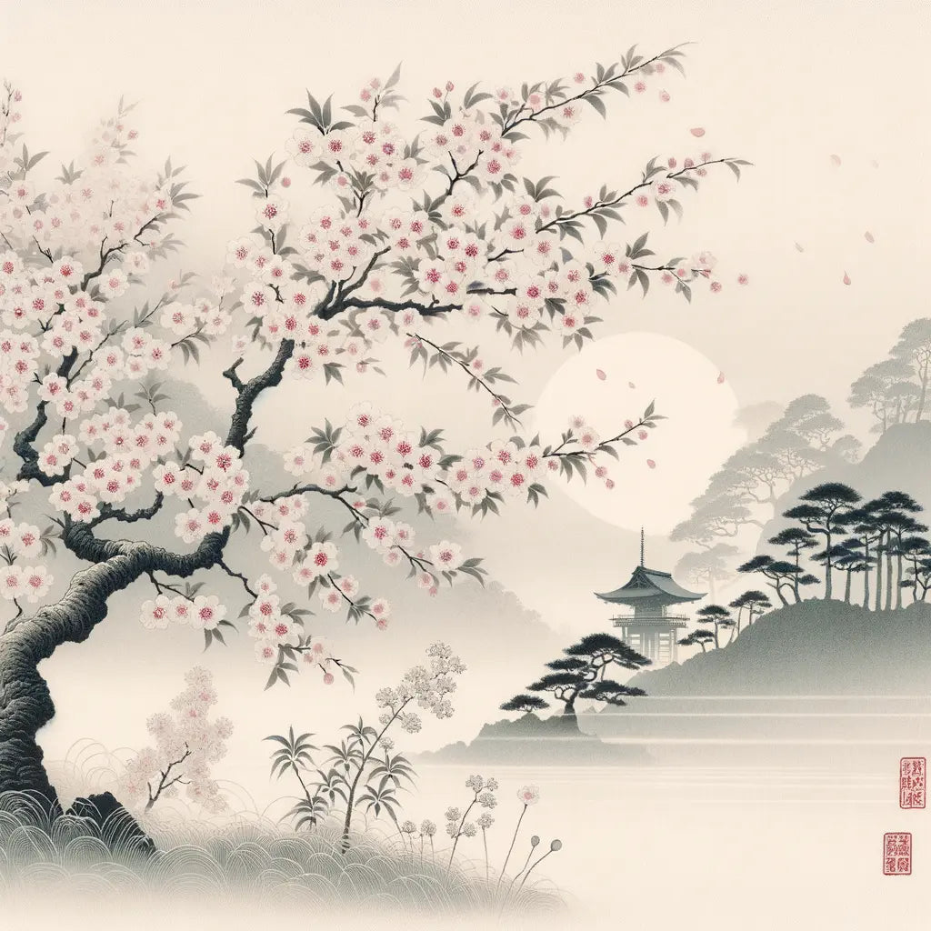 Eine minimalistische Szene von blühenden Kirschbäumen im Wind, die die vergängliche Schönheit der Natur in der japanischen Kultur widerspiegelt.
