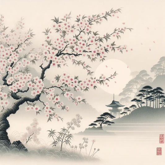 Eine minimalistische Szene von blühenden Kirschbäumen im Wind, die die vergängliche Schönheit der Natur in der japanischen Kultur widerspiegelt.