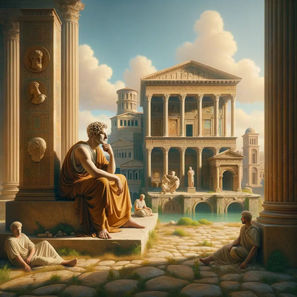 Marcus Aurelius in deep thought, set against a tranquil Roman landscape, depicted in the style of 1960s historical epics.