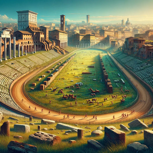 Panoramic painting of the modern Circus Maximus in Rome, with lush greenery, ancient structural remnants, and a bustling modern city backdrop, inspired by 1960s historical epic films.