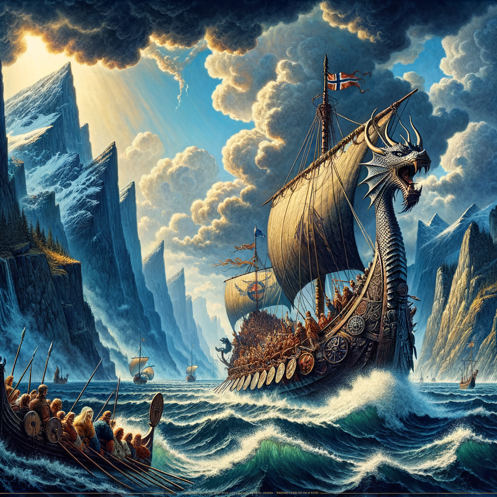 Viking drakkar with a dragon-headed prow sails through misty fjords under a dramatic sky, evoking Norse adventure.
