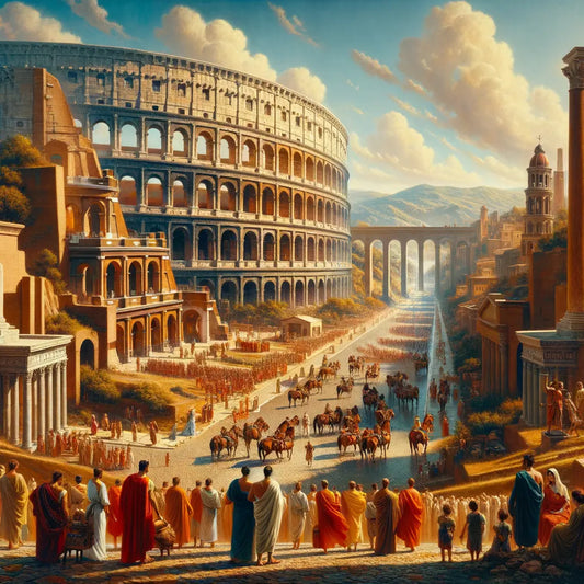 Scenic depiction of Ancient Rome highlighting the Colosseum, Roman roads, and aqueducts, illustrating their architectural and technological achievements in a 1960s cinematic style.