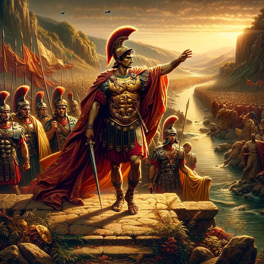 Julius Caesar heroically leading his army across the Rubicon, capturing a defining moment in Roman history, in the style of 1960s historical films.