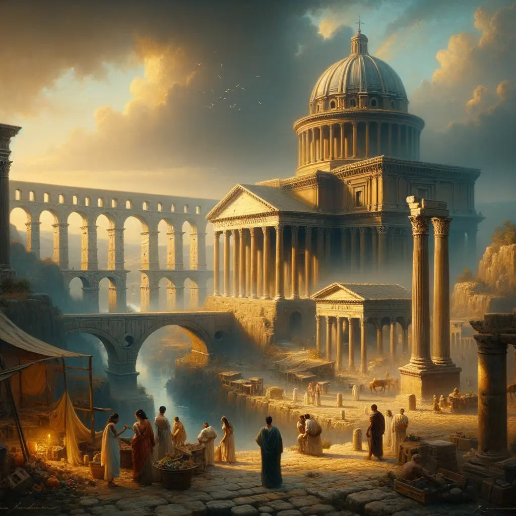 Panoramic view of ancient Rome with towering arches, a colossal dome like the Pantheon, and a distant aqueduct, inspired by 1960s historical epics.