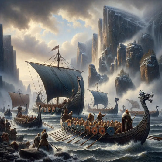 Viking longships navigating misty Nordic seas with rugged coastlines in the background, inspired by classic historical film epics.