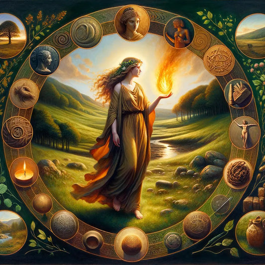Brigid from Celtic mythology stands in a lush landscape, holding a flame, surrounded by symbols of art and healing.