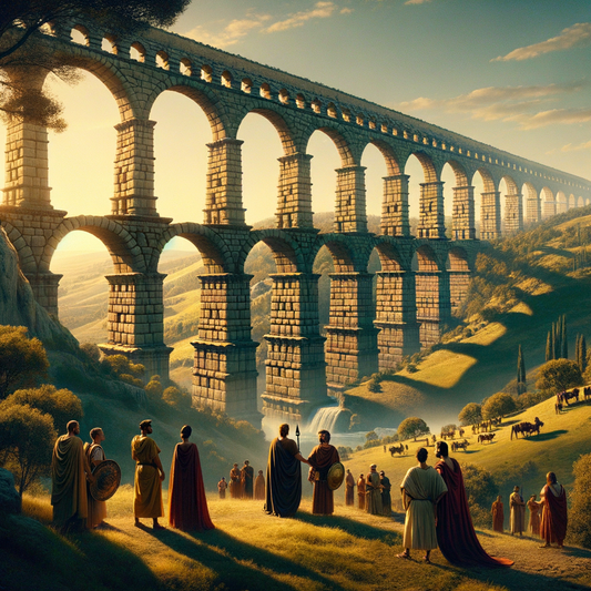 Roman aqueduct spanning a verdant landscape with blue sky, depicted in the style of 1960s historical epic films.