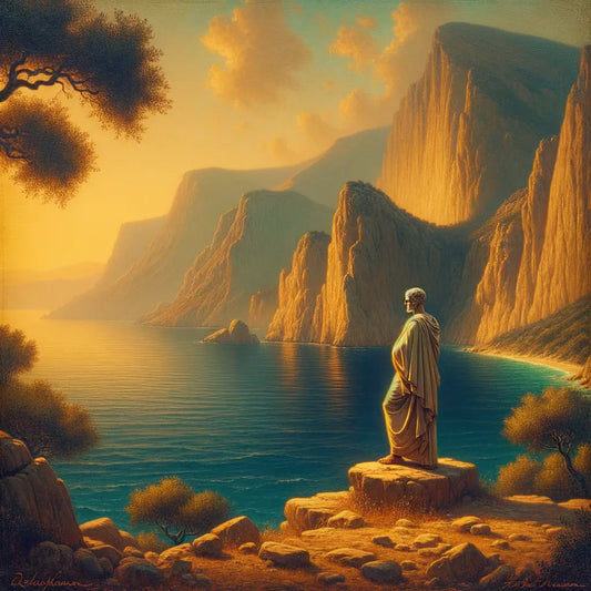 A philosopher in a white toga stands on a rocky shore, gazing at the serene Greek coastline, embodying Stoic contemplation.