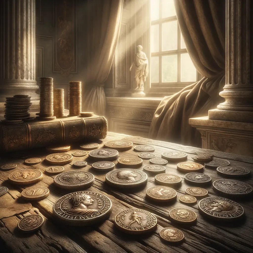 Ancient Roman coins on a wooden table with intricate details, in a cinematic 1960s historical painting style.