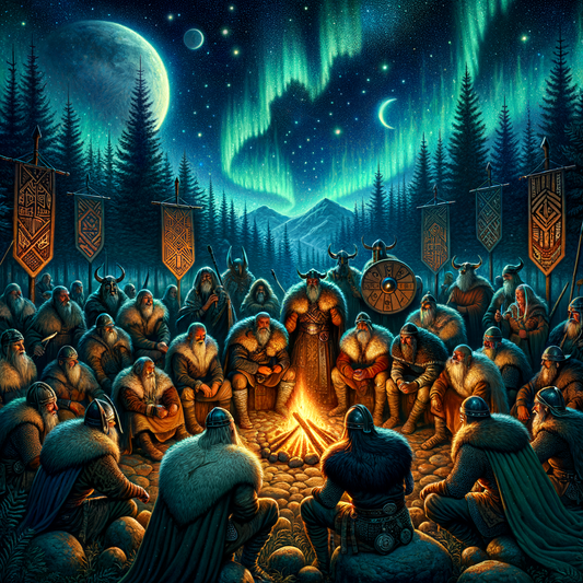 Vikings gathered under a night sky, sharing stories by a fire, in a scene inspired by 1960s historical films, with runic symbols and a mystical atmosphere.