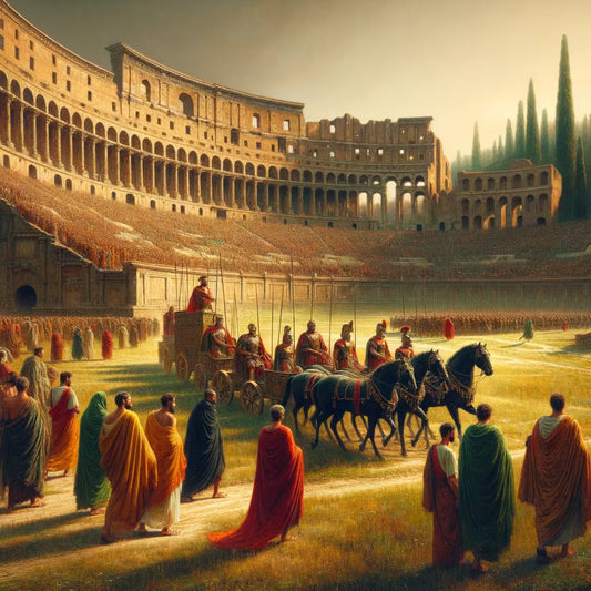 Panoramic view of the Circus Maximus in Rome with vast green fields, Roman citizens in togas, and majestic ruins under golden sunlight, evoking 1960s historical epic style.