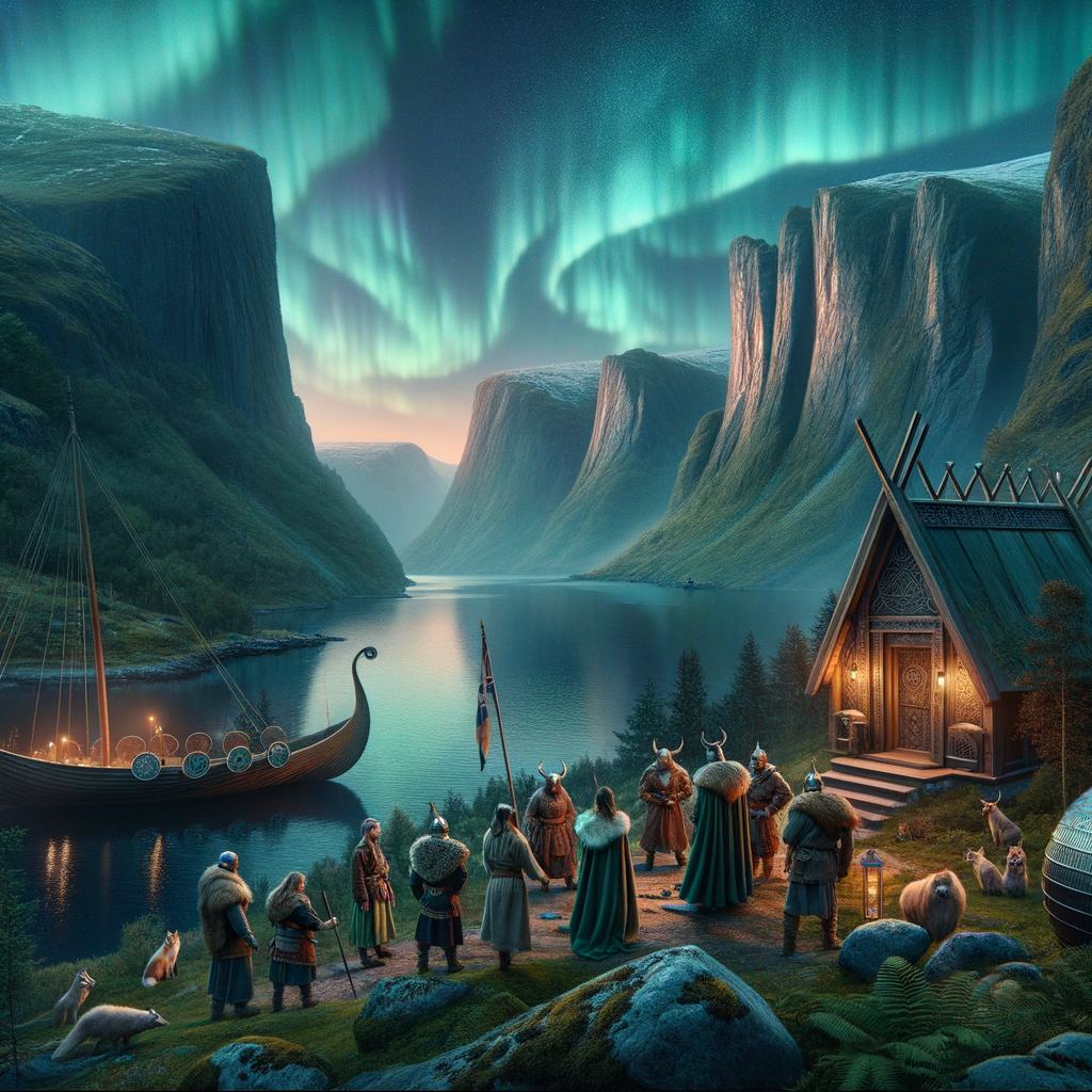 Panoramic view of a Nordic landscape with fjords, forests, and the Northern Lights, featuring Vikings and modern eco-friendly innovations.