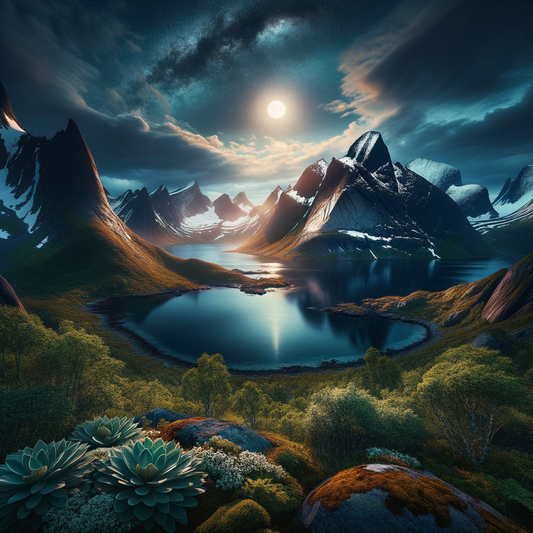 Panoramic view of a Nordic fjord under the midnight sun, surrounded by lush greenery and snow-capped mountains.