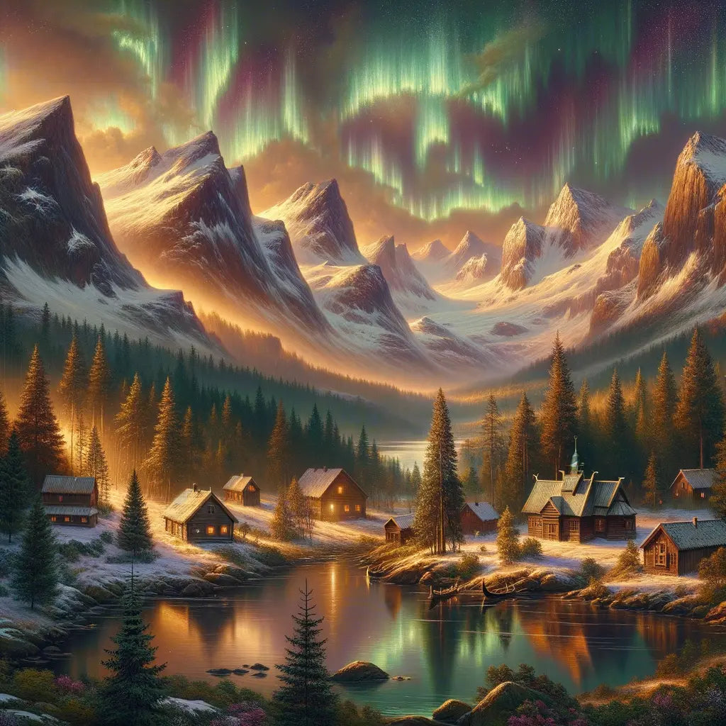 Panoramic view of a Nordic landscape with snowy mountains, lush forests, lakes under northern lights, and traditional architecture in a painterly style.