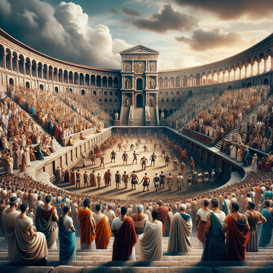 A scene depicting a Roman amphitheater with citizens and gladiators.