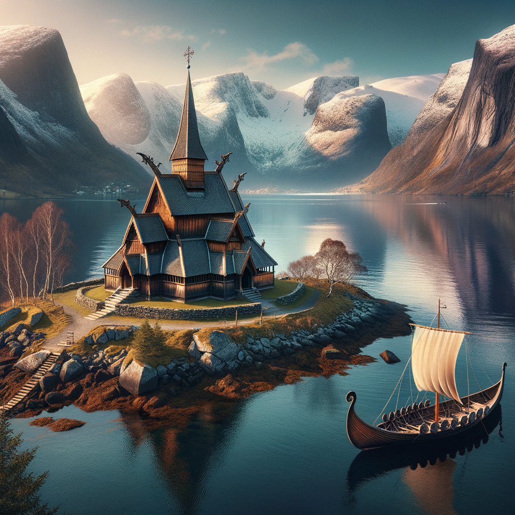 Scandinavian landscape with Norse elements, including a stave church and a Viking ship on a fjord.