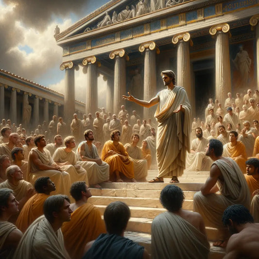 Zeno of Citium teaching at the Stoa Poikile in ancient Athens, surrounded by students in a scene styled like a 1960s historical epic film.